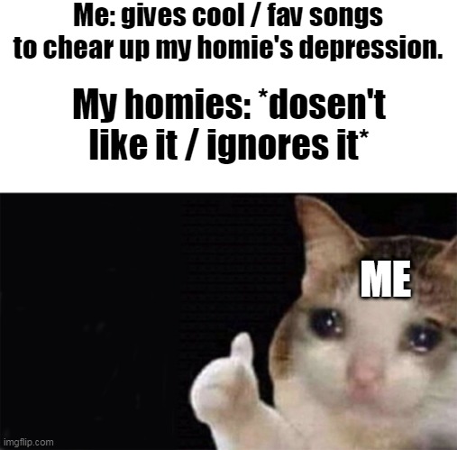 sad shit | Me: gives cool / fav songs to chear up my homie's depression. My homies: *dosen't like it / ignores it*; ME | image tagged in thumbs up crying cat | made w/ Imgflip meme maker