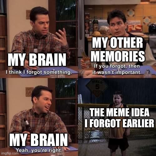 I actually forgot it | MY OTHER MEMORIES; MY BRAIN; THE MEME IDEA I FORGOT EARLIER; MY BRAIN | image tagged in i think i forgot something | made w/ Imgflip meme maker