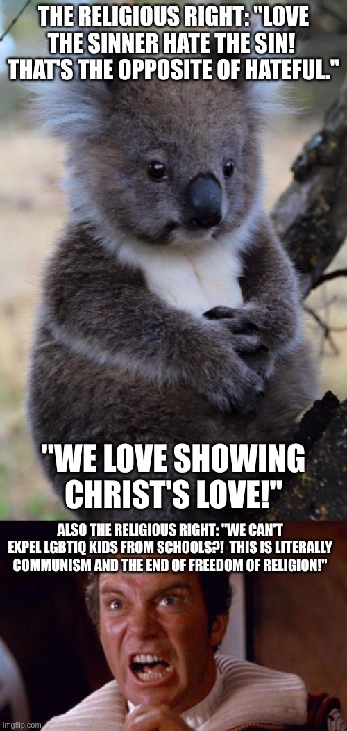 Australian politics and religious discourse right now.  You can't make this up! | THE RELIGIOUS RIGHT: "LOVE THE SINNER HATE THE SIN!  THAT'S THE OPPOSITE OF HATEFUL."; "WE LOVE SHOWING CHRIST'S LOVE!"; ALSO THE RELIGIOUS RIGHT: "WE CAN'T EXPEL LGBTIQ KIDS FROM SCHOOLS?!  THIS IS LITERALLY COMMUNISM AND THE END OF FREEDOM OF RELIGION!" | image tagged in innocent koala,khan,australia,religious freedom | made w/ Imgflip meme maker
