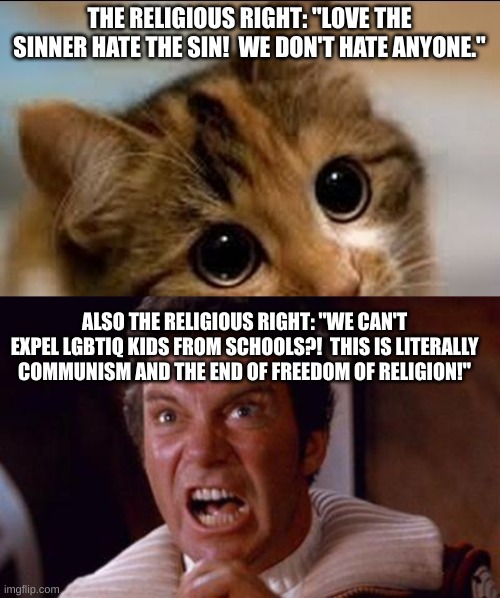 Aussie politics recently | THE RELIGIOUS RIGHT: "LOVE THE SINNER HATE THE SIN!  WE DON'T HATE ANYONE."; ALSO THE RELIGIOUS RIGHT: "WE CAN'T EXPEL LGBTIQ KIDS FROM SCHOOLS?!  THIS IS LITERALLY COMMUNISM AND THE END OF FREEDOM OF RELIGION!" | image tagged in innocent cat,khan | made w/ Imgflip meme maker