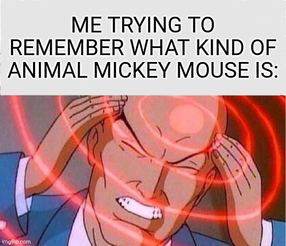 Me trying to remember | ME TRYING TO REMEMBER WHAT KIND OF ANIMAL MICKEY MOUSE IS: | image tagged in me trying to remember,memes,funny,mickey mouse | made w/ Imgflip meme maker
