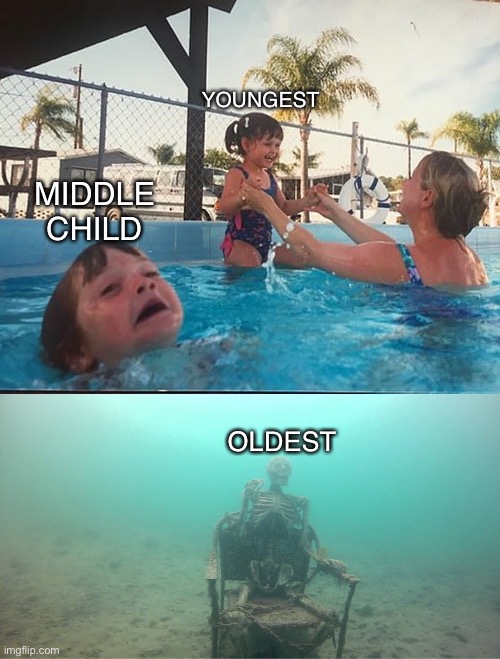 Mother Ignoring Kid Drowning In A Pool | YOUNGEST; MIDDLE CHILD; OLDEST | image tagged in mother ignoring kid drowning in a pool | made w/ Imgflip meme maker