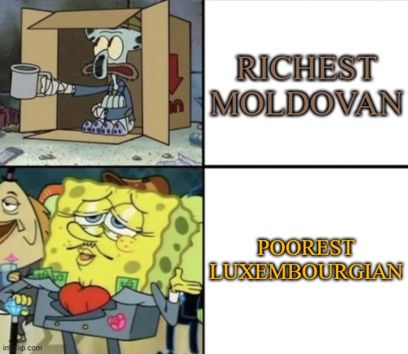 oof | RICHEST MOLDOVAN; POOREST LUXEMBOURGIAN | image tagged in poor squidward vs rich spongebob,europe,luxembourg,moldova | made w/ Imgflip meme maker