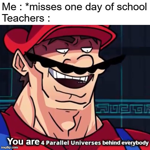 wa hooooo | Me : *misses one day of school
Teachers :; You are; behind everybody | image tagged in i am 4 parallel universes ahead of you | made w/ Imgflip meme maker