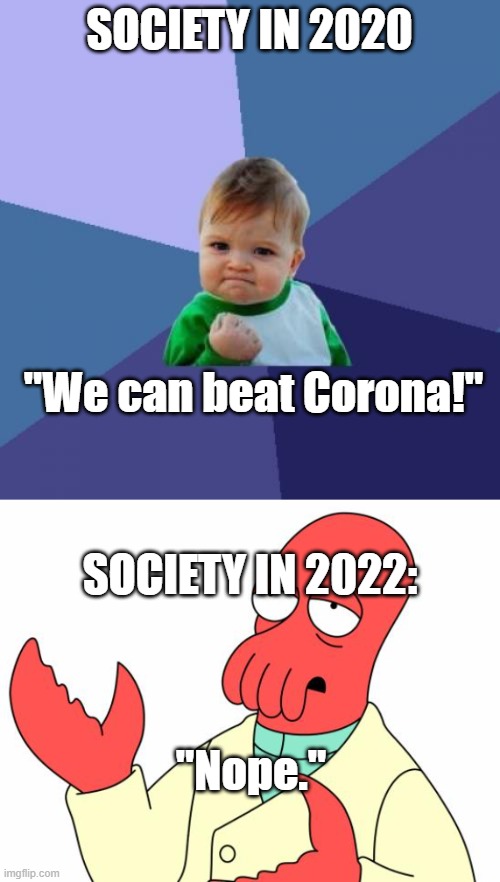 Corona Evolution | SOCIETY IN 2020; "We can beat Corona!"; SOCIETY IN 2022:; "Nope." | image tagged in memes,success kid | made w/ Imgflip meme maker