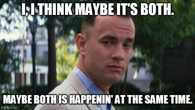 Both | I, I THINK MAYBE IT'S BOTH. MAYBE BOTH IS HAPPENIN' AT THE SAME TIME. | image tagged in forrest gump | made w/ Imgflip meme maker