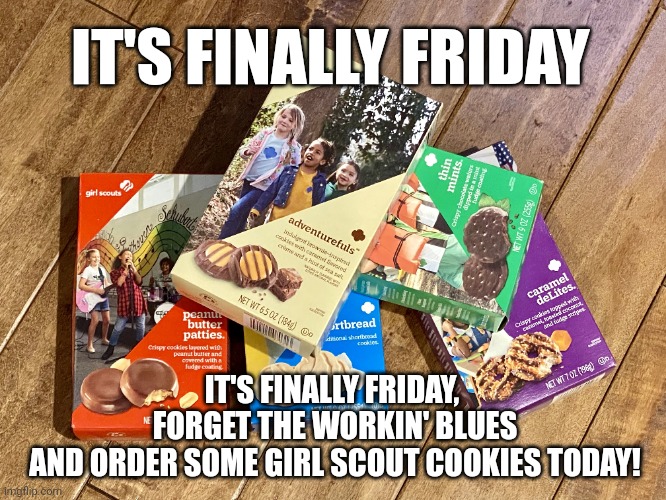 Cookies by the Adventures of a NM Cadette GS | IT'S FINALLY FRIDAY; IT'S FINALLY FRIDAY, 
FORGET THE WORKIN' BLUES
AND ORDER SOME GIRL SCOUT COOKIES TODAY! | image tagged in girl scout cookies | made w/ Imgflip meme maker