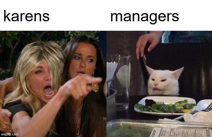 Woman Yelling At Cat | karens; managers | image tagged in memes,woman yelling at cat | made w/ Imgflip meme maker