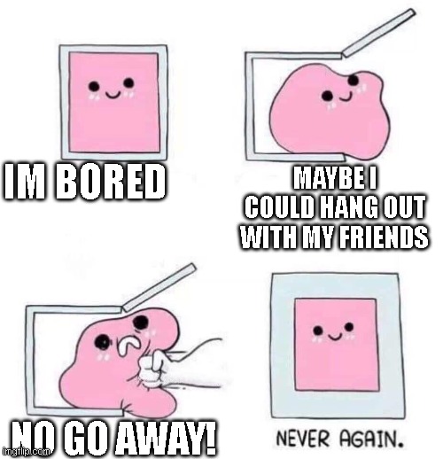 pain | IM BORED; MAYBE I COULD HANG OUT WITH MY FRIENDS; NO GO AWAY! | image tagged in never again | made w/ Imgflip meme maker