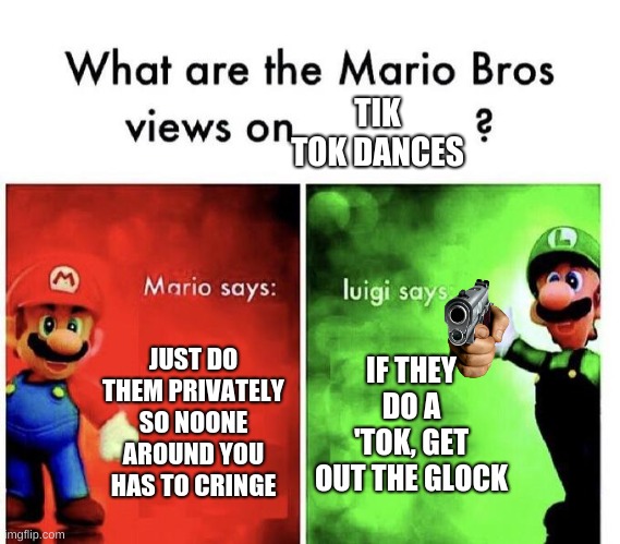 e | TIK TOK DANCES; JUST DO THEM PRIVATELY SO NOONE AROUND YOU HAS TO CRINGE; IF THEY DO A 'TOK, GET OUT THE GLOCK | image tagged in mario bros views | made w/ Imgflip meme maker