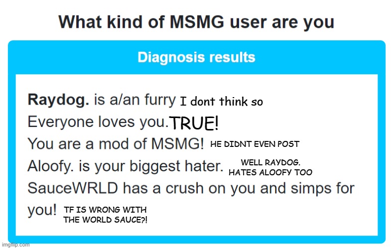 i tried it on different ppl :D | I dont think so; TRUE! HE DIDNT EVEN POST; WELL RAYDOG. HATES ALOOFY TOO; TF IS WRONG WITH THE WORLD SAUCE?! | image tagged in memes,funny,msmg | made w/ Imgflip meme maker
