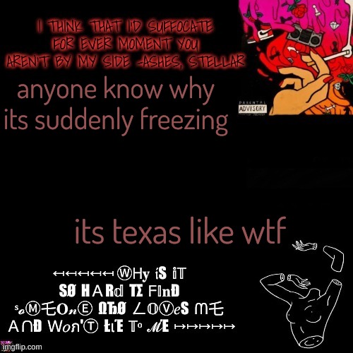 Ashes | anyone know why its suddenly freezing; its texas like wtf | image tagged in ashes | made w/ Imgflip meme maker