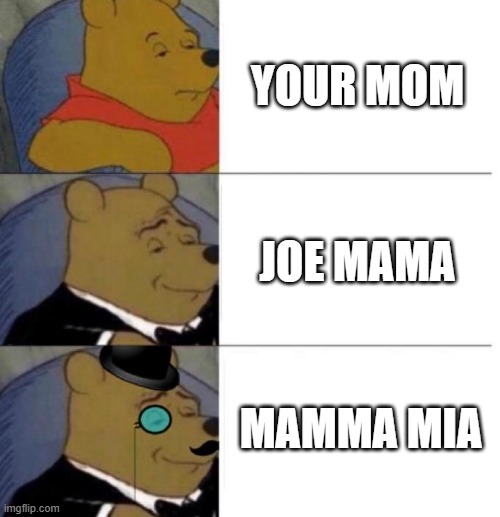 Moms meme | YOUR MOM; JOE MAMA; MAMMA MIA | image tagged in tuxedo winnie the pooh 3 panel,your mom | made w/ Imgflip meme maker