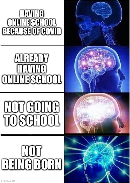 COVID really did things to our brains | HAVING ONLINE SCHOOL BECAUSE OF COVID; ALREADY HAVING ONLINE SCHOOL; NOT GOING TO SCHOOL; NOT BEING BORN | image tagged in memes,expanding brain | made w/ Imgflip meme maker