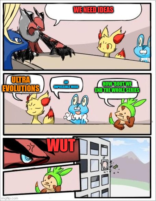 inside gamefreak studios | WE NEED IDEAS; AN IMPOSSIBLE MODE; ULTRA EVOLUTIONS; HOW 'BOUT WE END THE WHOLE SERIES; WUT | image tagged in pokemon board meeting | made w/ Imgflip meme maker