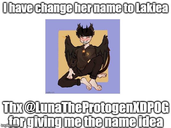 [Insert good title here] | I have change her name to Lakiea; Thx @LunaTheProtogenXDPOG for giving me the name idea | image tagged in blank white template | made w/ Imgflip meme maker