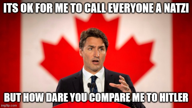 Justin Trudeau | ITS OK FOR ME TO CALL EVERYONE A NATZI; BUT HOW DARE YOU COMPARE ME TO HITLER | image tagged in justin trudeau | made w/ Imgflip meme maker
