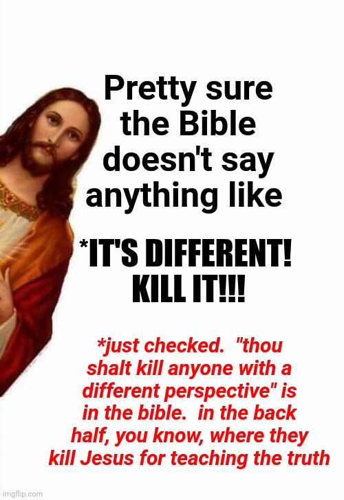 *ism's | Pretty sure the Bible doesn't say anything like; *IT'S DIFFERENT!  KILL IT!!! *just checked.  "thou shalt kill anyone with a different perspective" is in the bible.  in the back half, you know, where they kill Jesus for teaching the truth | image tagged in jesus watcha doin,memes,love thy neighbor,give peace a chance,love wins,tolerance | made w/ Imgflip meme maker