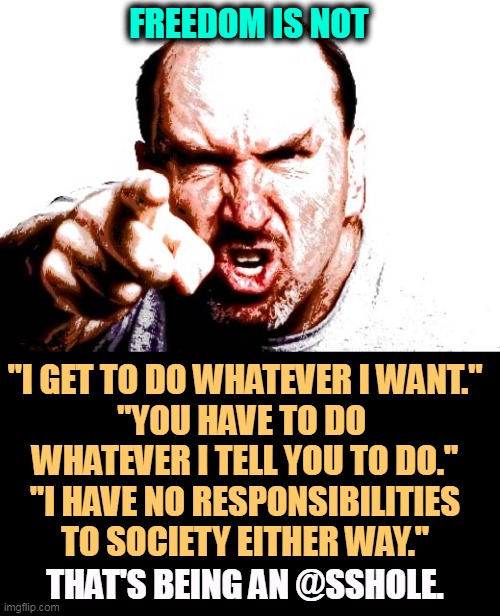 FREEDOM IS NOT; "I GET TO DO WHATEVER I WANT."
"YOU HAVE TO DO 
WHATEVER I TELL YOU TO DO."
"I HAVE NO RESPONSIBILITIES TO SOCIETY EITHER WAY."; THAT'S BEING AN @SSHOLE. | image tagged in rights,responsibilities,freedom,society | made w/ Imgflip meme maker