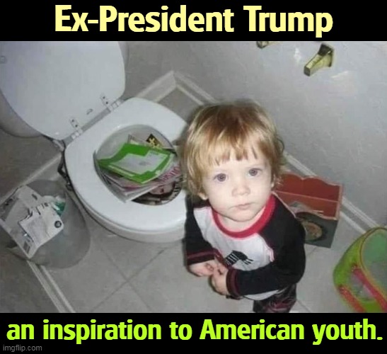 Baby Trump stuffs papers down toilet | Ex-President Trump; an inspiration to American youth. | image tagged in baby trump stuffs papers down toilet,trump,papers,toilet,children | made w/ Imgflip meme maker