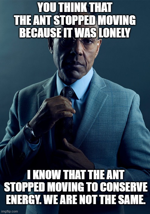 Gus Fring we are not the same | YOU THINK THAT THE ANT STOPPED MOVING BECAUSE IT WAS LONELY; I KNOW THAT THE ANT STOPPED MOVING TO CONSERVE ENERGY. WE ARE NOT THE SAME. | image tagged in gus fring we are not the same | made w/ Imgflip meme maker
