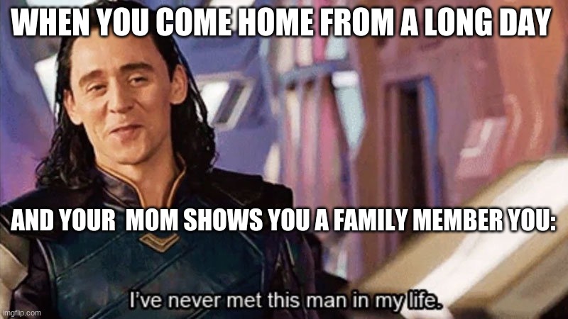 I Have Never Met This Man In My Life | WHEN YOU COME HOME FROM A LONG DAY; AND YOUR  MOM SHOWS YOU A FAMILY MEMBER YOU: | image tagged in i have never met this man in my life | made w/ Imgflip meme maker
