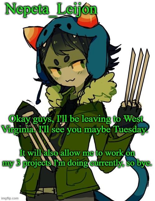 Bye | Okay guys, I'll be leaving to West Virginia. I'll see you maybe Tuesday. It will also allow me to work on my 3 projects I'm doing currently, so bye. | image tagged in nepeta temp | made w/ Imgflip meme maker