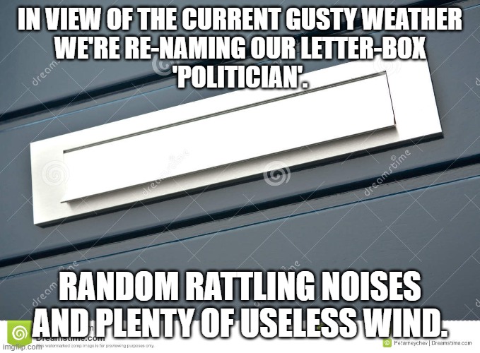 wind | IN VIEW OF THE CURRENT GUSTY WEATHER
WE'RE RE-NAMING OUR LETTER-BOX
'POLITICIAN'. RANDOM RATTLING NOISES
AND PLENTY OF USELESS WIND. | image tagged in politician | made w/ Imgflip meme maker