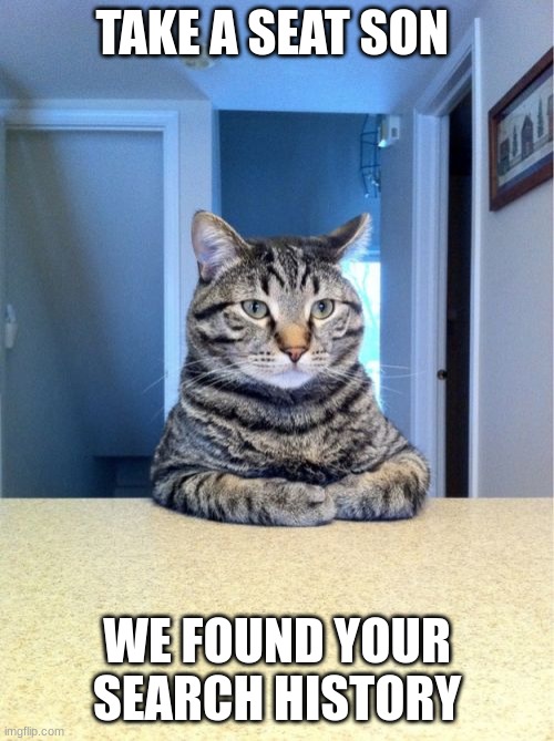 oh no | TAKE A SEAT SON; WE FOUND YOUR SEARCH HISTORY | image tagged in memes,take a seat cat | made w/ Imgflip meme maker