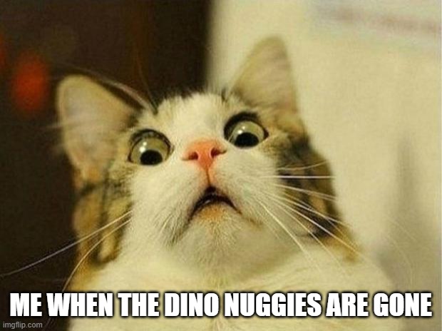 Scared Cat |  ME WHEN THE DINO NUGGIES ARE GONE | image tagged in memes,scared cat | made w/ Imgflip meme maker