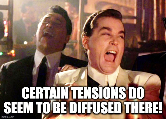 Good Fellas Hilarious Meme | CERTAIN TENSIONS DO SEEM TO BE DIFFUSED THERE! | image tagged in memes,good fellas hilarious | made w/ Imgflip meme maker