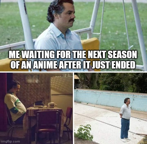 Sad Pablo Escobar Meme | ME WAITING FOR THE NEXT SEASON OF AN ANIME AFTER IT JUST ENDED | image tagged in memes,sad pablo escobar | made w/ Imgflip meme maker