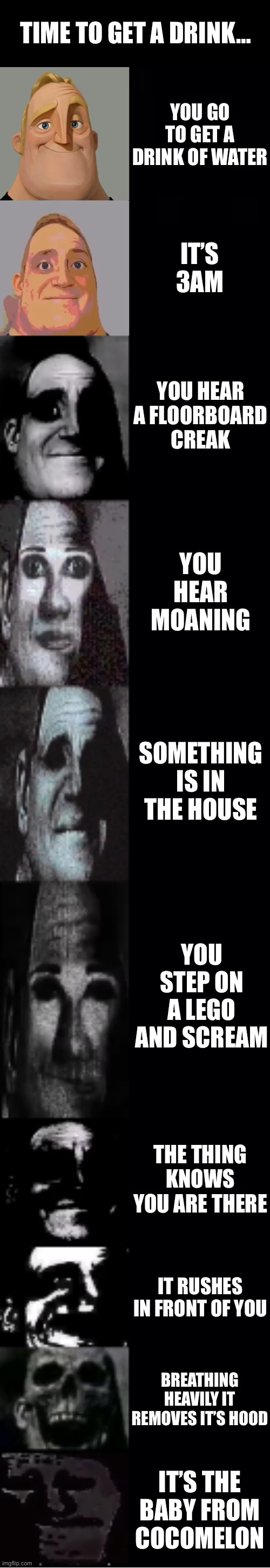 Help me… | TIME TO GET A DRINK…; YOU GO TO GET A DRINK OF WATER; IT’S 3AM; YOU HEAR A FLOORBOARD CREAK; YOU HEAR MOANING; SOMETHING IS IN THE HOUSE; YOU STEP ON A LEGO AND SCREAM; THE THING KNOWS YOU ARE THERE; IT RUSHES IN FRONT OF YOU; BREATHING HEAVILY IT REMOVES IT’S HOOD; IT’S THE BABY FROM COCOMELON | image tagged in mr incredible becoming uncanny | made w/ Imgflip meme maker