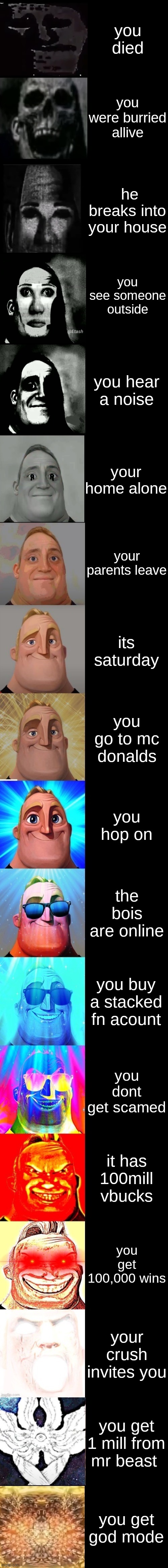 Mr Incredible from Trollge to God | you died; you were burried allive; he breaks into your house; you see someone outside; you hear a noise; your home alone; your parents leave; its saturday; you go to mc donalds; you hop on; the bois are online; you buy a stacked fn acount; you dont get scamed; it has 100mill vbucks; you get 100,000 wins; your crush invites you; you get 1 mill from mr beast; you get god mode | image tagged in mr incredible from trollge to god | made w/ Imgflip meme maker