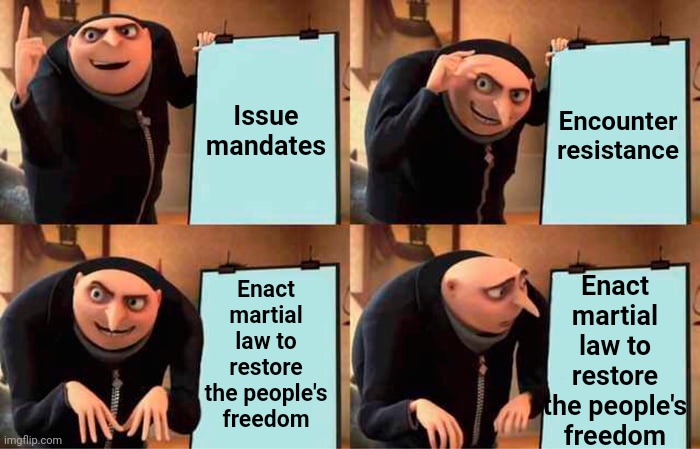 Trudeau Logic | Issue mandates; Encounter resistance; Enact martial law to restore the people's freedom; Enact martial law to restore the people's freedom | image tagged in memes,gru's plan,justin trudeau,trucker protest,canada,mandates | made w/ Imgflip meme maker