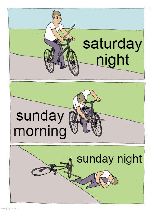 Bike Fall Meme | saturday night; sunday morning; sunday night | image tagged in memes,bike fall,school,sleep,saturday,sunday | made w/ Imgflip meme maker