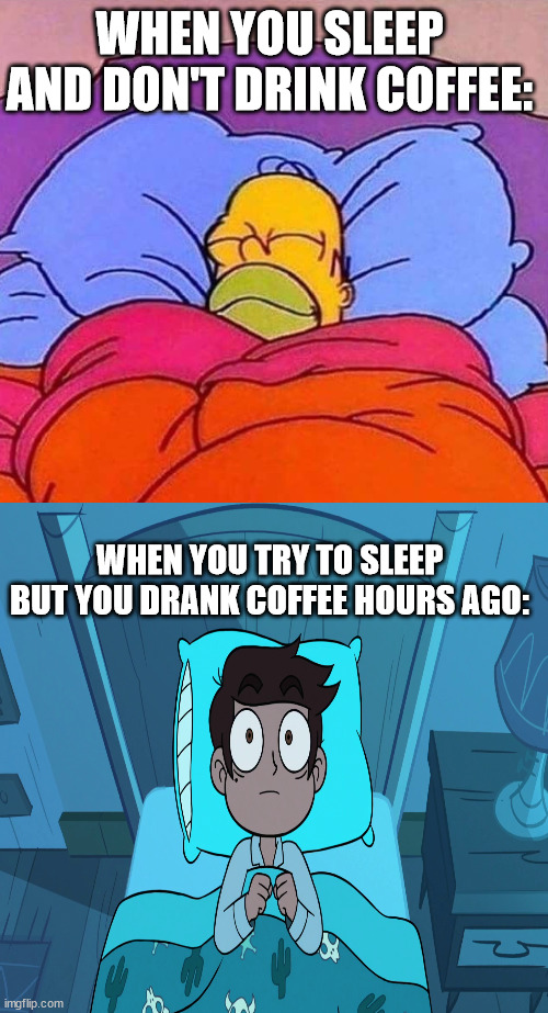 WHEN YOU SLEEP AND DON'T DRINK COFFEE:; WHEN YOU TRY TO SLEEP BUT YOU DRANK COFFEE HOURS AGO: | image tagged in homer simpson sleeping peacefully | made w/ Imgflip meme maker