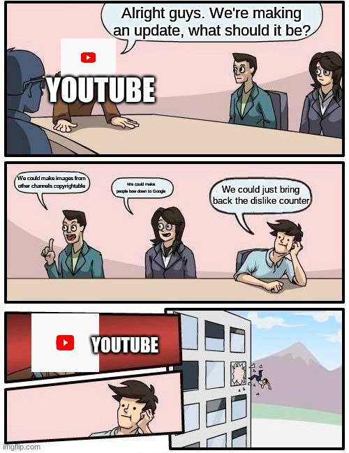 How to commit a defenestration | Alright guys. We're making an update, what should it be? YOUTUBE; We could make images from other channels copyrightable; We could make people bow down to Google; We could just bring back the dislike counter; YOUTUBE | image tagged in memes,boardroom meeting suggestion | made w/ Imgflip meme maker