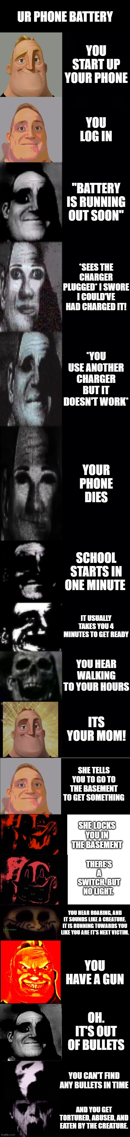 mr incredible becoming uncanny 1st extension | UR PHONE BATTERY; YOU START UP YOUR PHONE; YOU LOG IN; "BATTERY IS RUNNING OUT SOON"; *SEES THE CHARGER PLUGGED* I SWORE I COULD'VE HAD CHARGED IT! *YOU USE ANOTHER CHARGER BUT IT DOESN'T WORK*; YOUR PHONE DIES; SCHOOL STARTS IN ONE MINUTE; IT USUALLY TAKES YOU 4 MINUTES TO GET READY; YOU HEAR WALKING TO YOUR HOURS; ITS YOUR MOM! SHE TELLS YOU TO GO TO THE BASEMENT TO GET SOMETHING; SHE LOCKS YOU IN THE BASEMENT; THERE'S A SWITCH, BUT NO LIGHT. YOU HEAR ROARING, AND IT SOUNDS LIKE A CREATURE. IT IS RUNNING TOWARDS YOU LIKE YOU ARE IT'S NEXT VICTIM. YOU HAVE A GUN; OH. IT'S OUT OF BULLETS; YOU CAN'T FIND ANY BULLETS IN TIME; AND YOU GET TORTURED, ABUSED, AND EATEN BY THE CREATURE. | image tagged in mr incredible becoming uncanny 1st extension | made w/ Imgflip meme maker