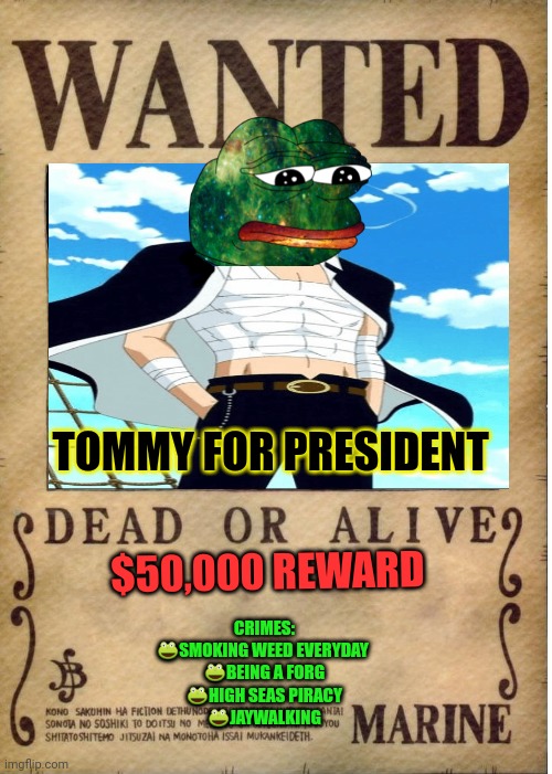 Vote for Tommy | TOMMY FOR PRESIDENT; $50,000 REWARD; CRIMES:
🐸SMOKING WEED EVERYDAY 
🐸BEING A FORG
🐸HIGH SEAS PIRACY
🐸JAYWALKING | image tagged in one piece wanted poster template,tommy,for president,vote,sanji party | made w/ Imgflip meme maker