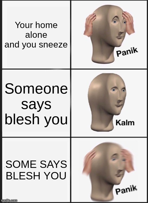 Panik Kalm Panik | Your home alone and you sneeze; Someone says blesh you; SOME SAYS BLESH YOU | image tagged in memes,panik kalm panik | made w/ Imgflip meme maker