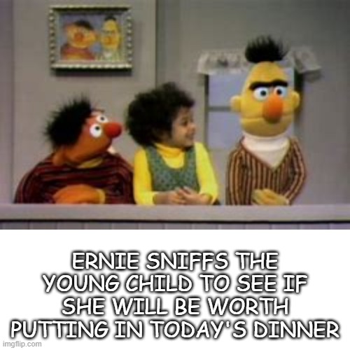 Hold up | ERNIE SNIFFS THE YOUNG CHILD TO SEE IF SHE WILL BE WORTH PUTTING IN TODAY'S DINNER | image tagged in bert and ernie,cursed,dark humor,meme | made w/ Imgflip meme maker