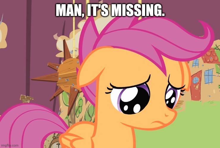 Aww, Scootaloo! (MLP) | MAN, IT'S MISSING. | image tagged in aww scootaloo mlp | made w/ Imgflip meme maker