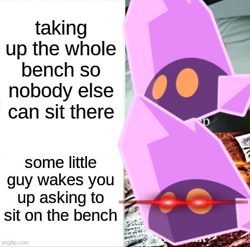 crystal guardian in a nutshell | taking up the whole bench so nobody else can sit there; some little guy wakes you up asking to sit on the bench | image tagged in crystal guardian,hollow knight,memes | made w/ Imgflip meme maker