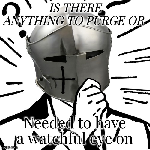 Anything yet? | IS THERE ANYTHING TO PURGE OR; Needed to have a watchful eye on | image tagged in thinking crusader,anything,i can do anything | made w/ Imgflip meme maker