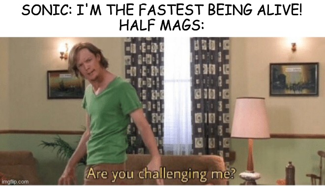 Project Nexus 2 |  SONIC: I'M THE FASTEST BEING ALIVE!
HALF MAGS: | image tagged in are you challenging me | made w/ Imgflip meme maker