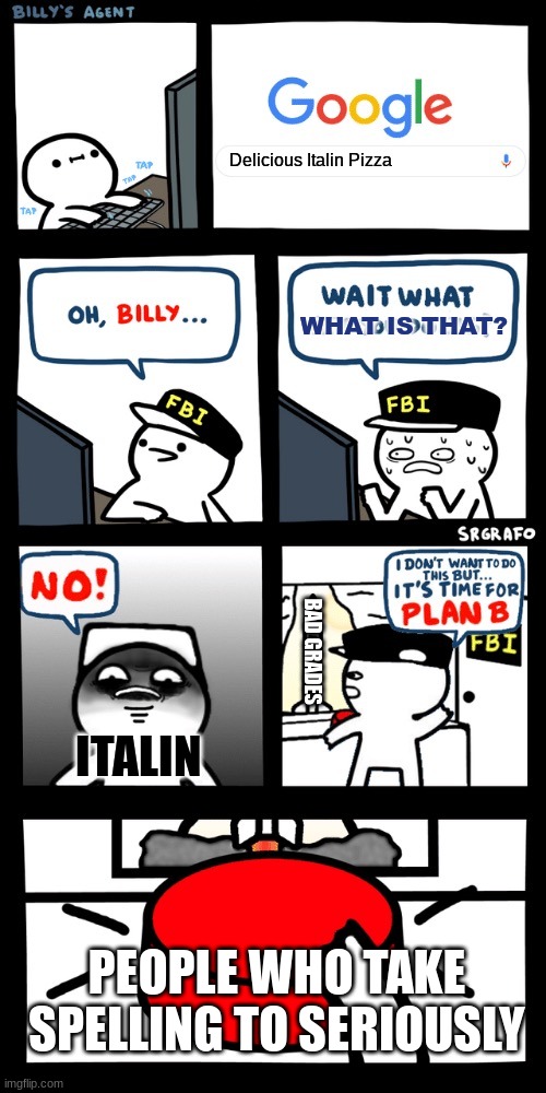 Grammatical errors | Delicious Italin Pizza; WHAT IS THAT? BAD GRADES; ITALIN; PEOPLE WHO TAKE SPELLING TO SERIOUSLY | image tagged in billy s fbi agent plan b | made w/ Imgflip meme maker