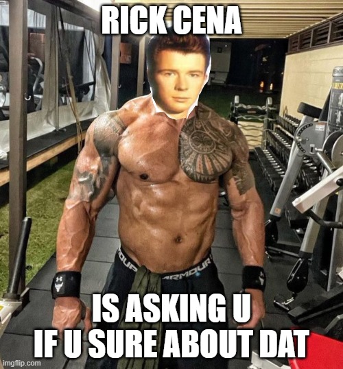 rick cena | RICK CENA; IS ASKING U IF U SURE ABOUT DAT | image tagged in rick astley,funny memes,john cena | made w/ Imgflip meme maker