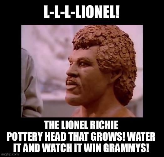 L-L-L-LIONEL! THE LIONEL RICHIE POTTERY HEAD THAT GROWS! WATER IT AND WATCH IT WIN GRAMMYS! | image tagged in lionel | made w/ Imgflip meme maker