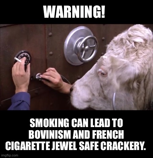 WARNING! SMOKING CAN LEAD TO BOVINISM AND FRENCH CIGARETTE JEWEL SAFE CRACKERY. | image tagged in jewel holstein | made w/ Imgflip meme maker